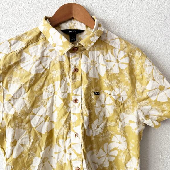 RVCA Aloha Shirt Mens Medium Floral Yellow Hawaii Luau Lole - Picture 2 of 5